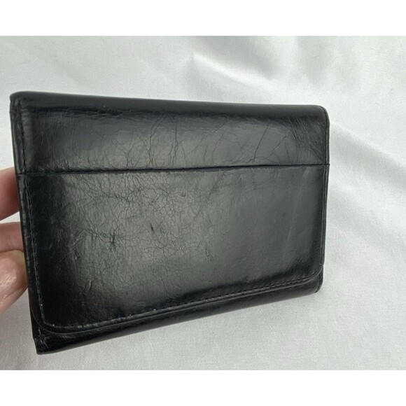 HOBO Jill Leather Wallet Black Trifold Crackled Snap Closure Autumn Leaves - Picture 2 of 11